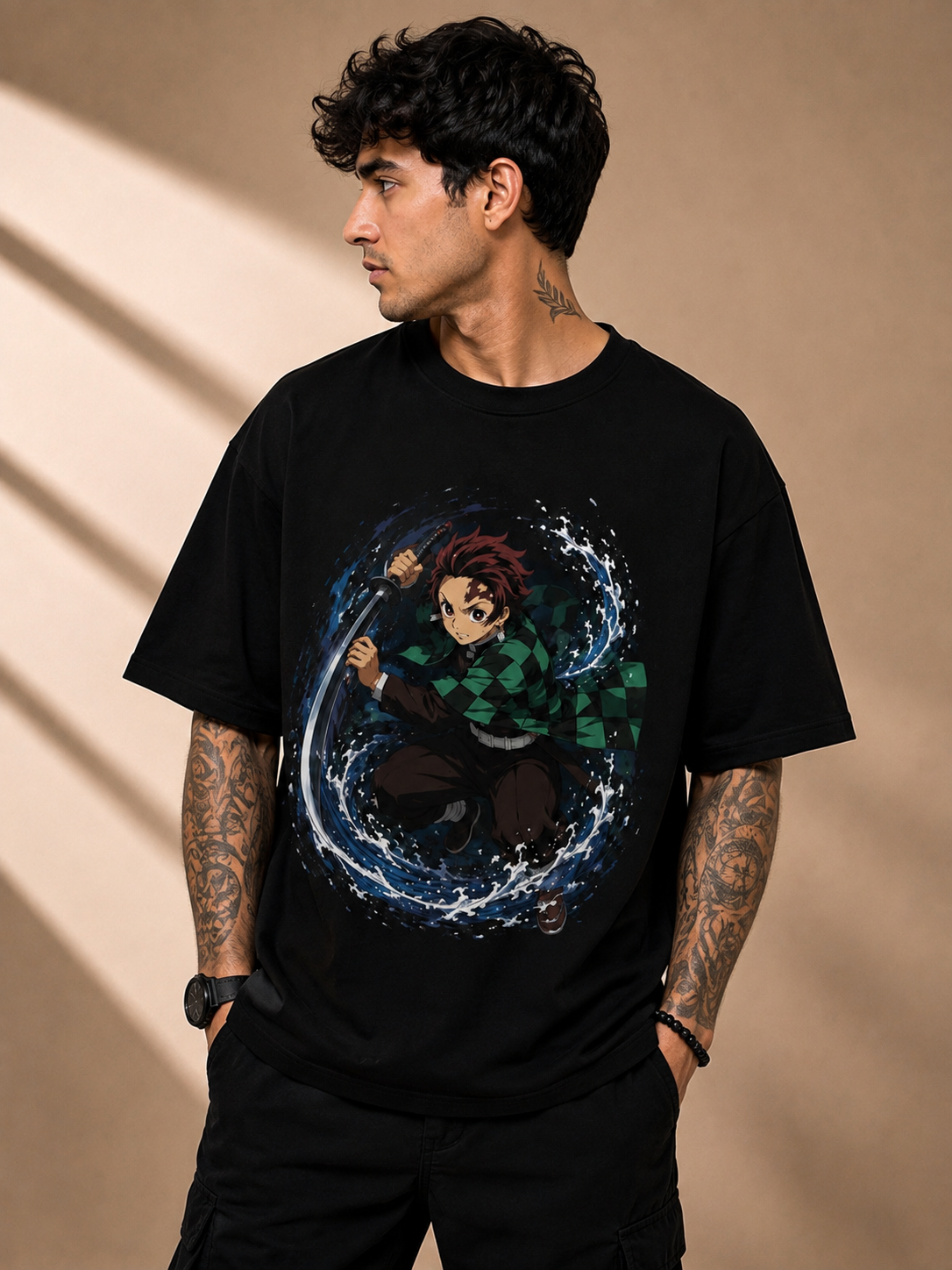Men's Premium Black Oversized Printed T-Shirt – Tanjiro Kamado | Demon Slayer Series