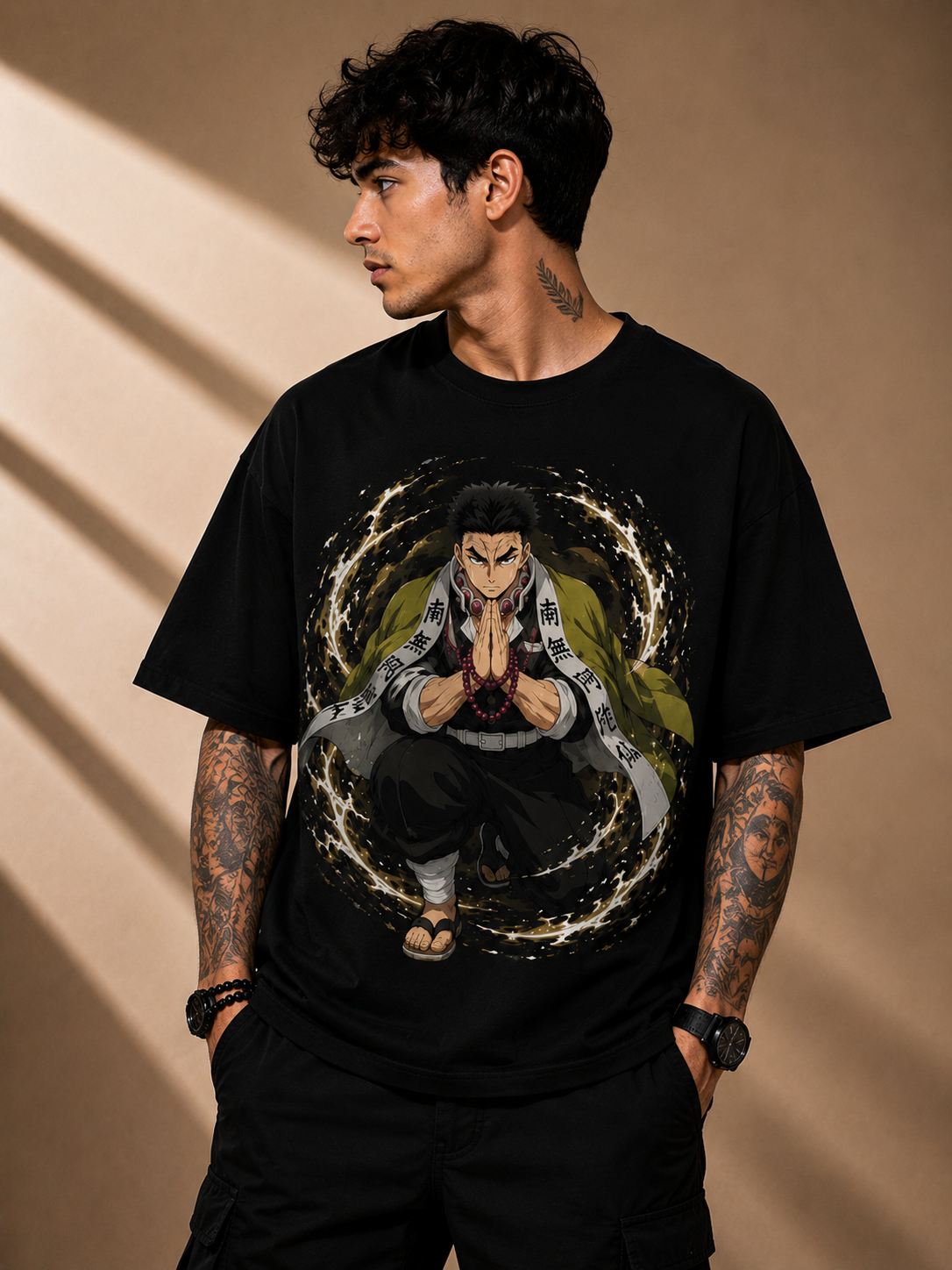 Men's Premium Black Oversized Printed T-Shirt – Gyomei Himejima | Demon Slayer Series