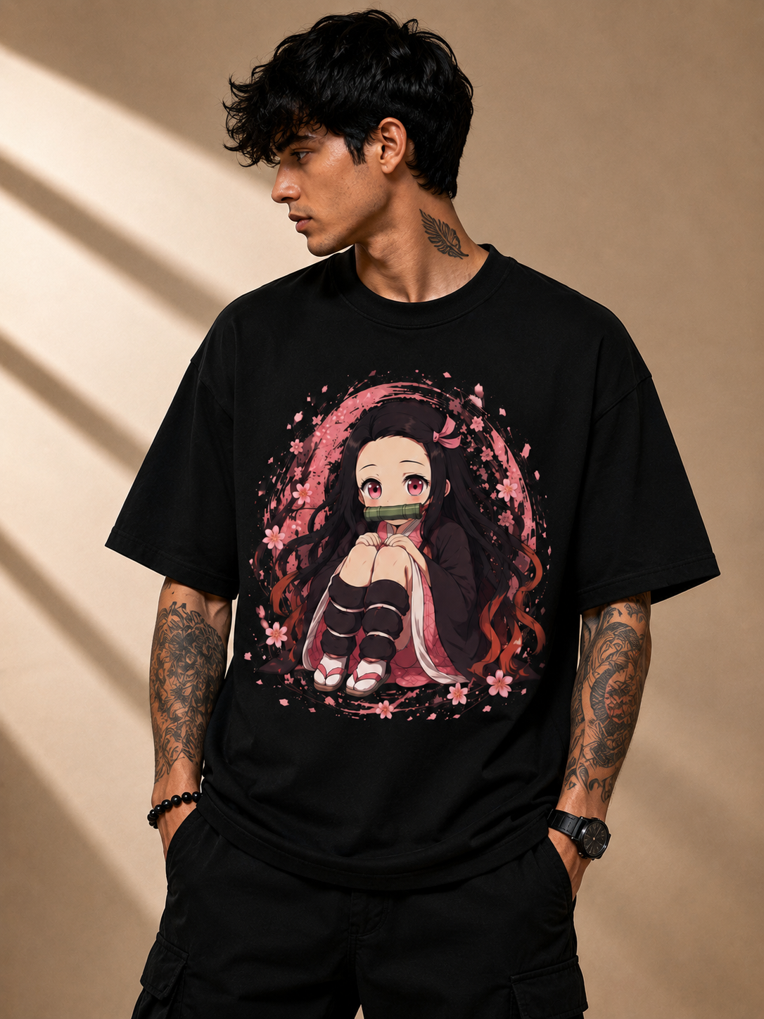 Men's Premium Black Oversized Printed T-Shirt – Nezuko Kamado | Demon Slayer Series