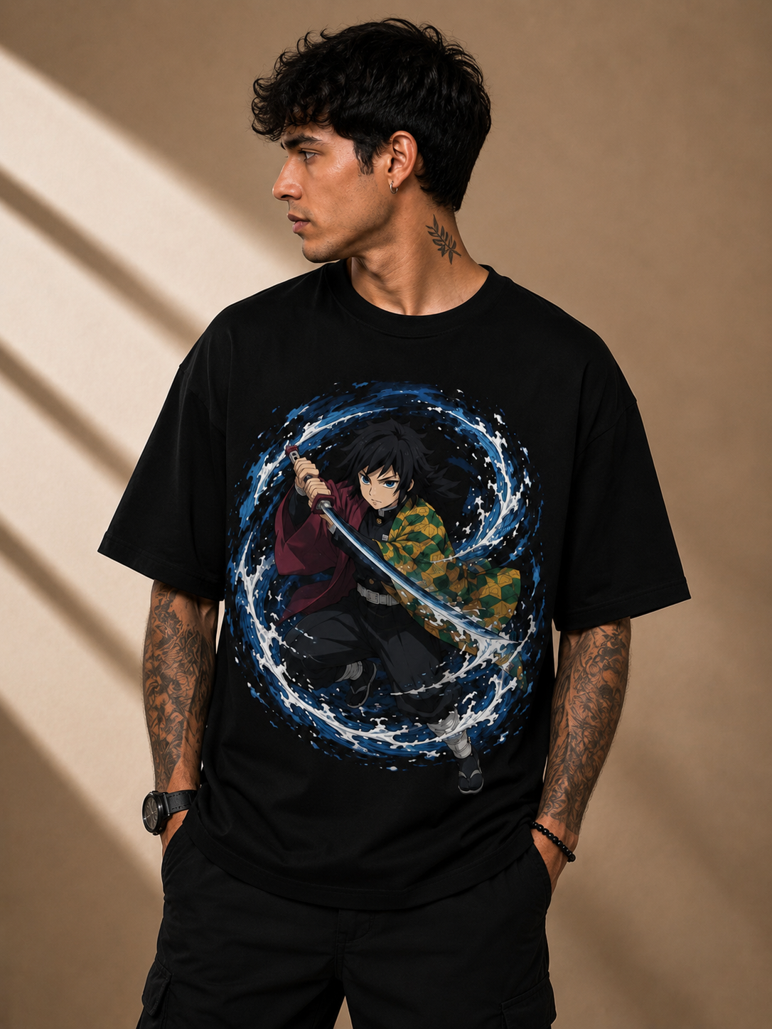 Men's Premium Black Oversized Printed T-Shirt – Giyu Tomioka | Demon Slayer Series