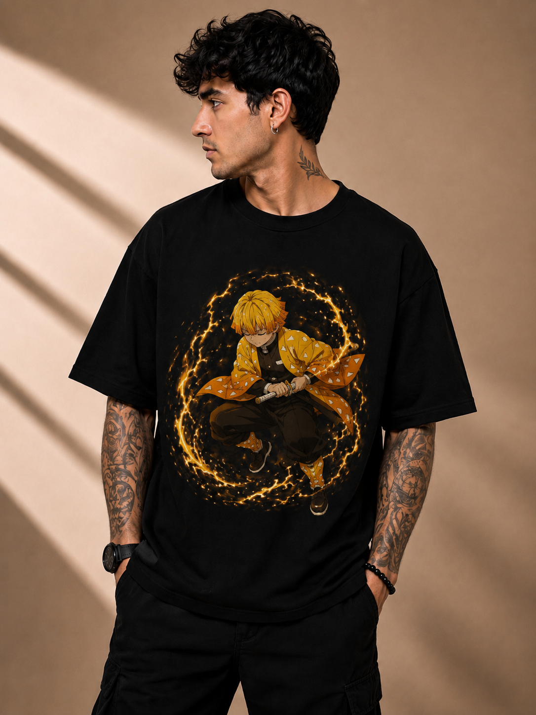 Men's Premium Black Oversized Printed T-Shirt – Zenitsu Agatsuma | Demon Slayer Series