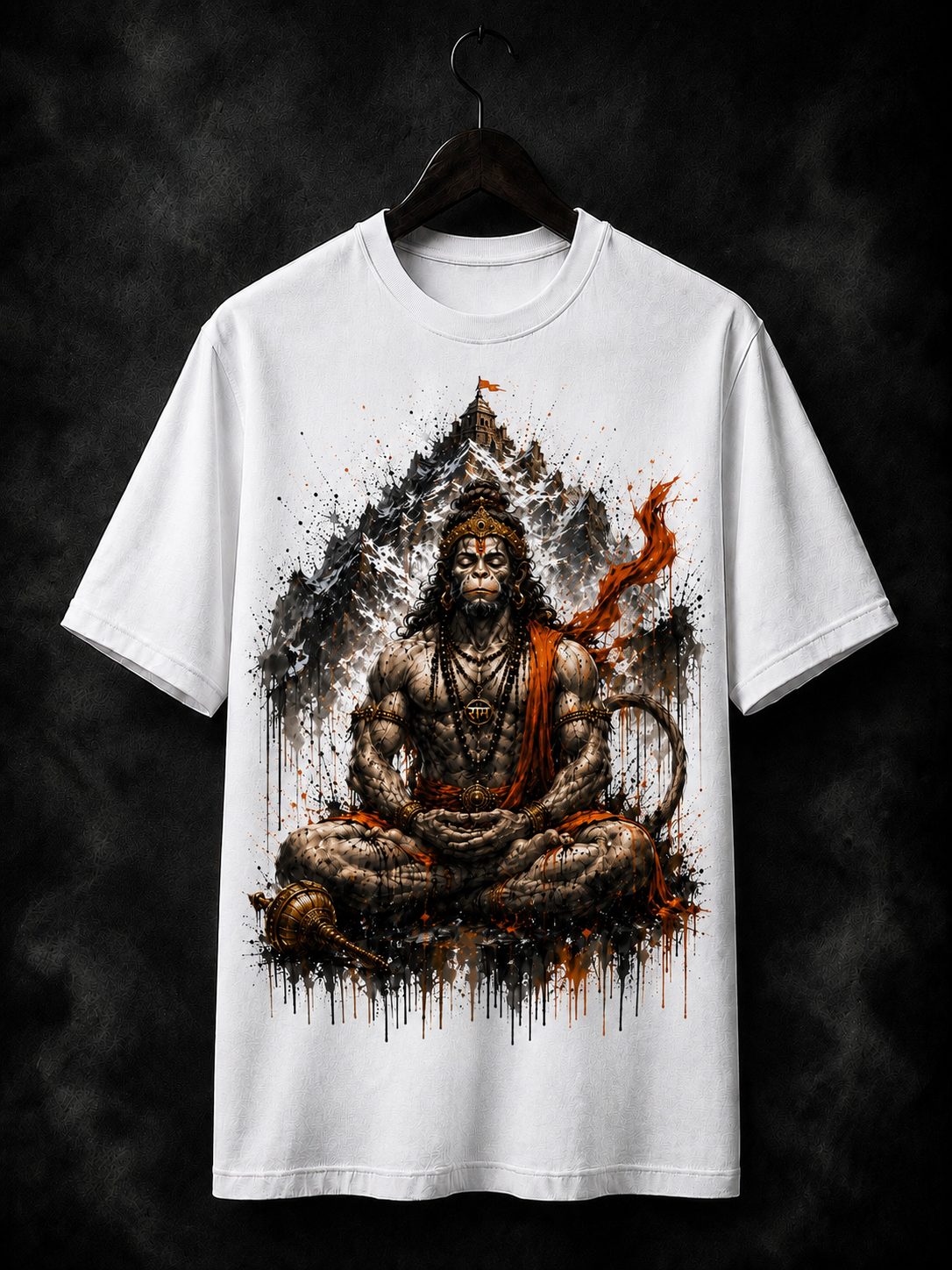 Meditating Hanuman in mountains, Cotton-blend white printed T-shirt